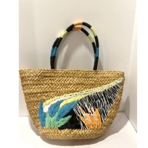 Tabitha Brown Abstract Botanical Woven Straw Wicker Tote Bag Handbag
